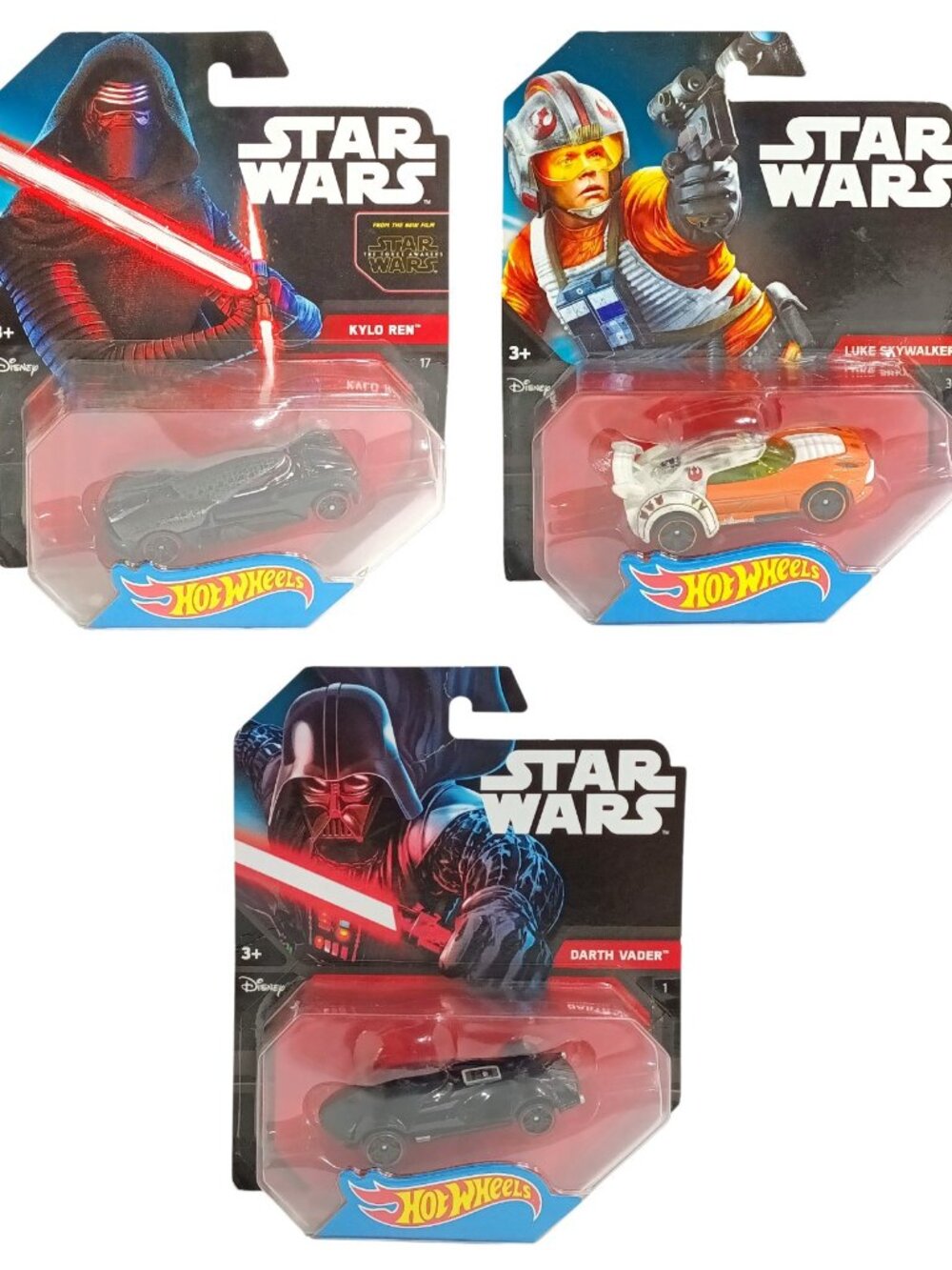 3 x Hot Wheels Star Wars Die Cast Collectible Cars Darth Vader, Kylo Ren, Luke S